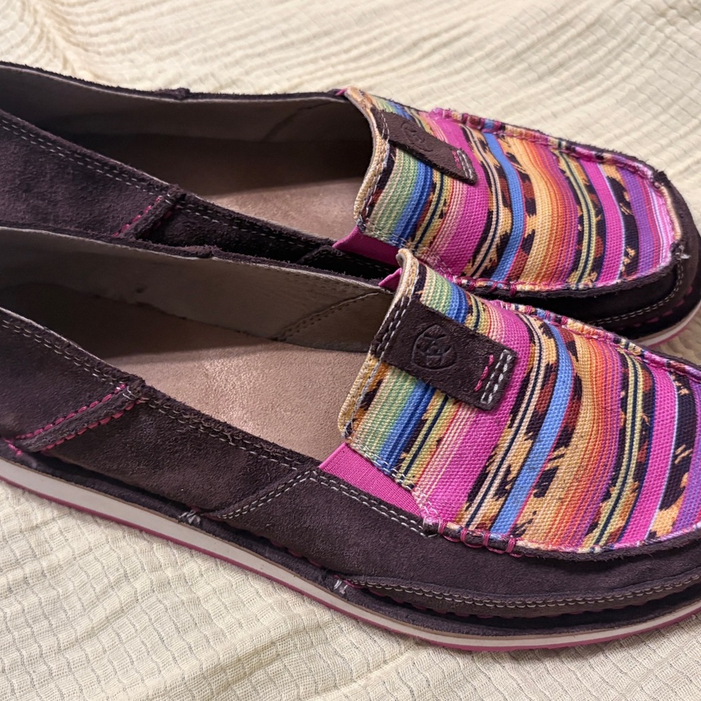 Ariat Multicolor Striped Canvas and Brown Suede Slip-On Loafers